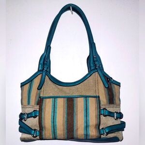 Etienne Aigner Canvas & Leather W/ Buckel Accent Teal, Tan & Cream Handbag EUC